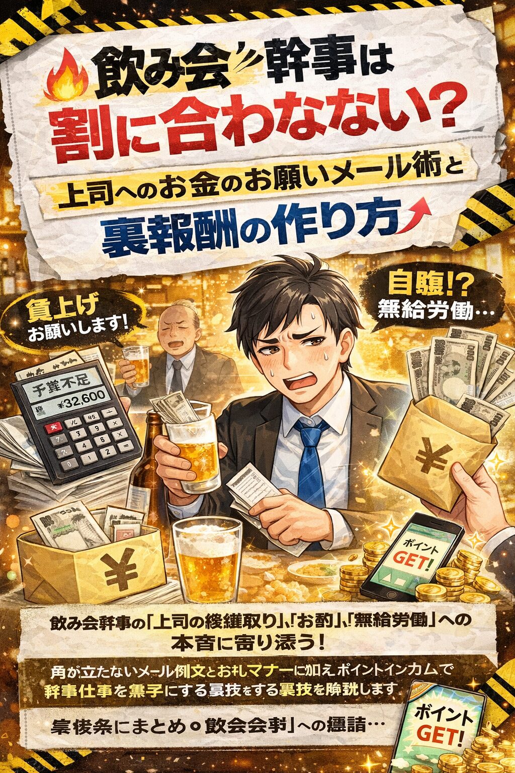 飲み会幹事の悩み（集金や上司への気遣い）をポイントインカムの裏報酬で解決するイメージ画像
