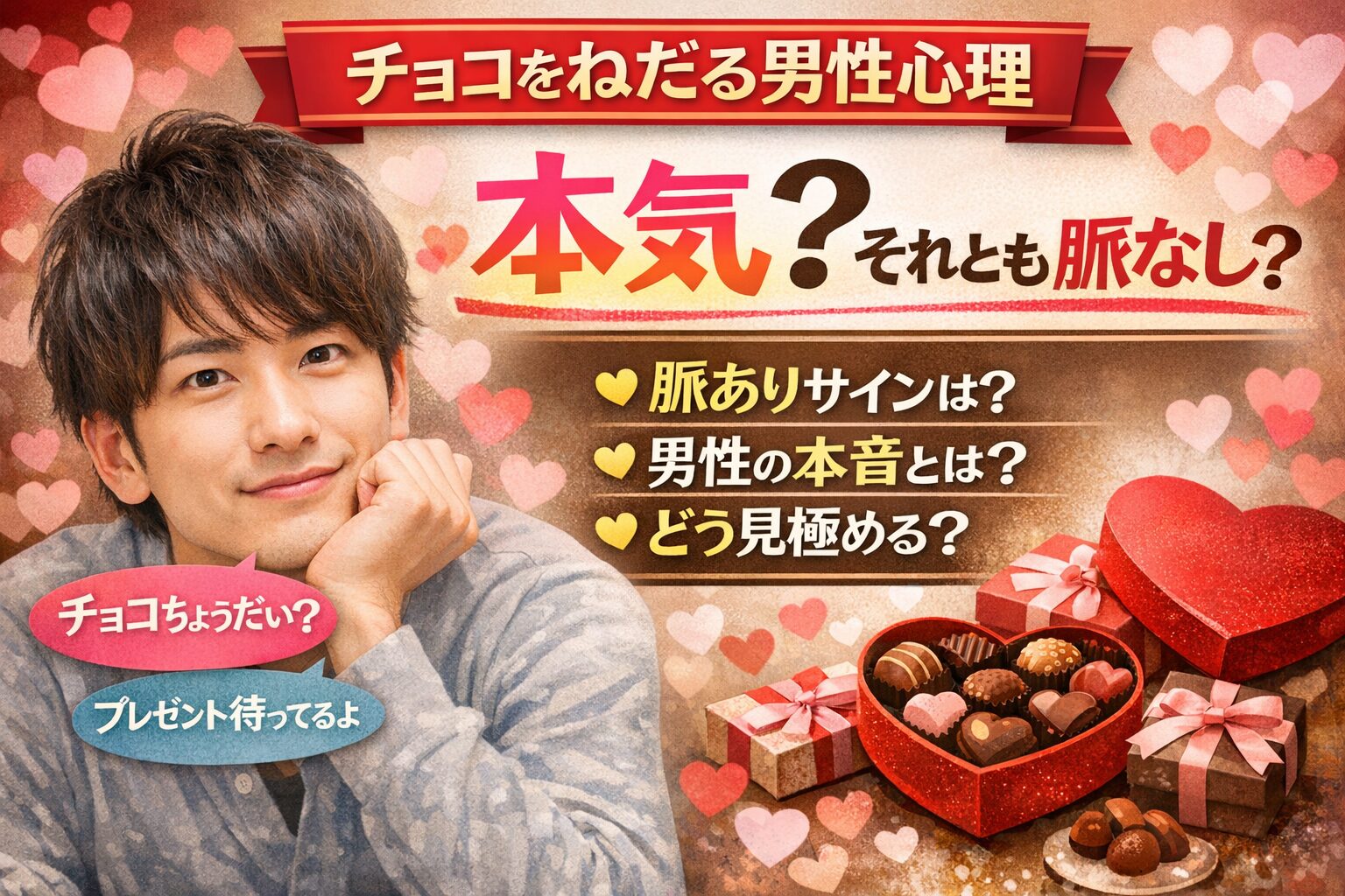 チョコ頂戴と言う男性心理や脈ありサインを解説するバレンタイン記事のアイキャッチ画像