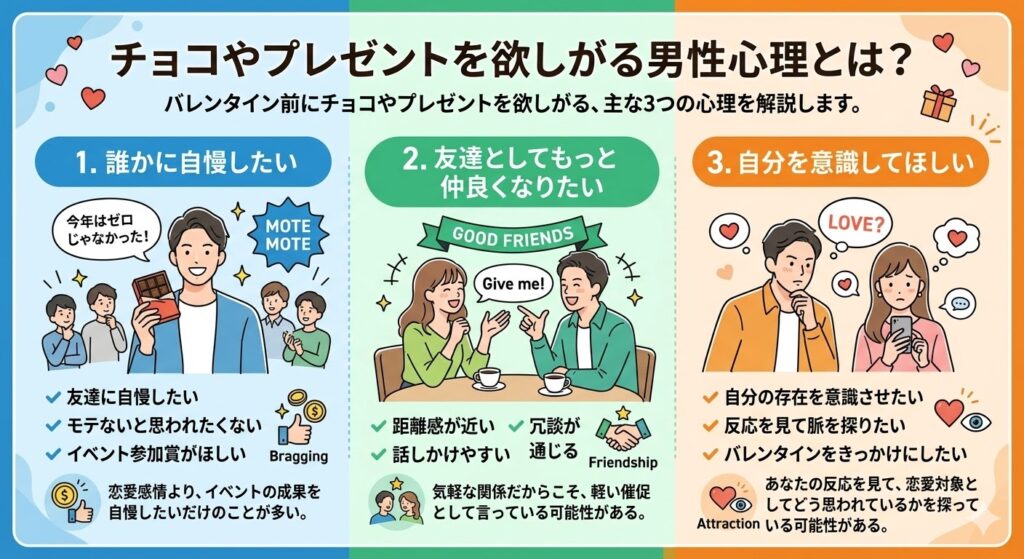 チョコやプレゼントを欲しがる男性心理の3つのタイプ（自慢したい、友達として仲良くなりたい、意識してほしい）を解説したインフォグラフィック画像