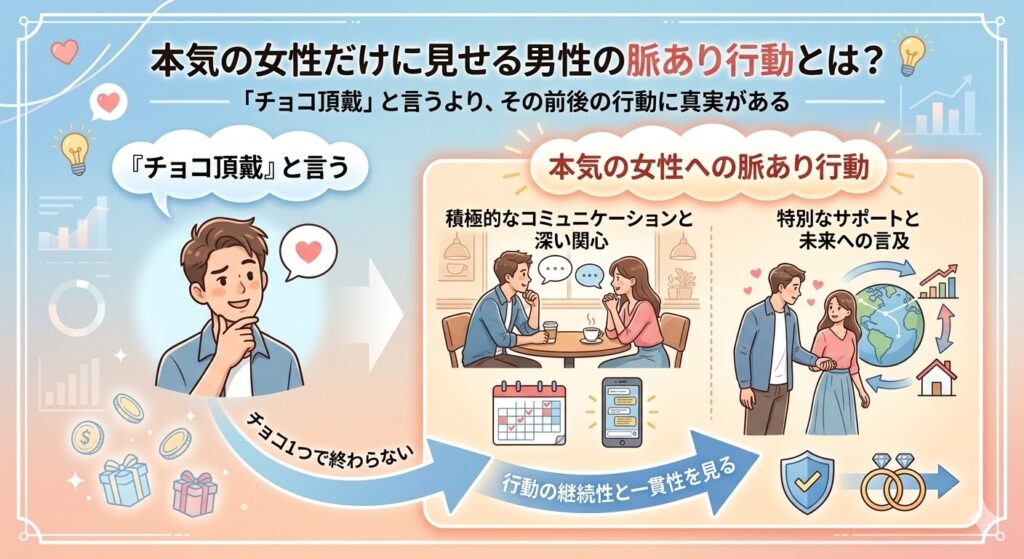 本気の女性だけに見せる男性の脈あり行動の解説図。「チョコ頂戴」という言葉よりも、その後の深い関心や継続的な行動が重要であることを示すインフォグラフィック。