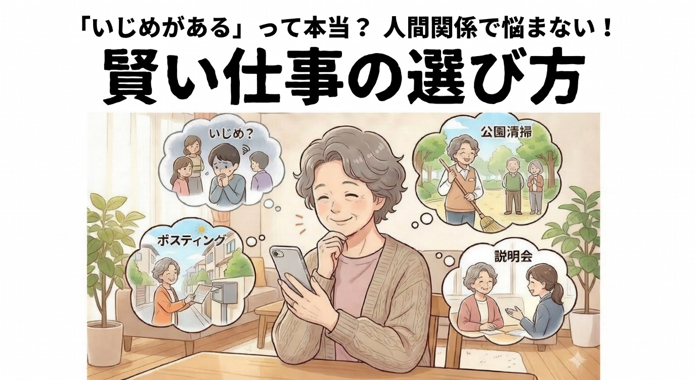 シルバー人材センターの人間関係やいじめの噂に不安を感じているシニア女性が、解決策を見つけて笑顔になるイメージ図